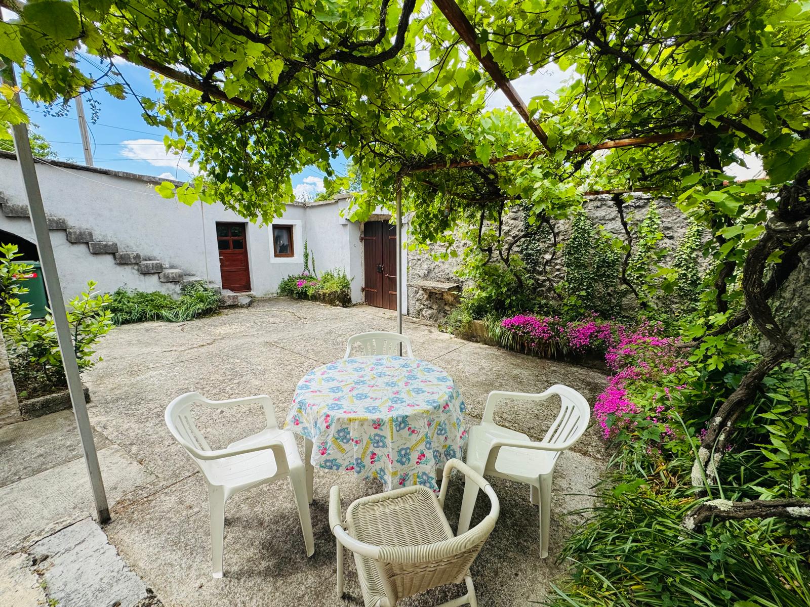 Private courtyard with grapevine pergola and white seating